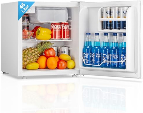 FOHERE Mini Kühlschrank 46L, Kleiner Kühlschrank mit 7-Stufige Kühlung, Energieeffizienter, Superleise, Wechselbarer Türanschlag & Verstellbare Füße, für Hotel, Büro, Kleine Wohnungen,Weiß