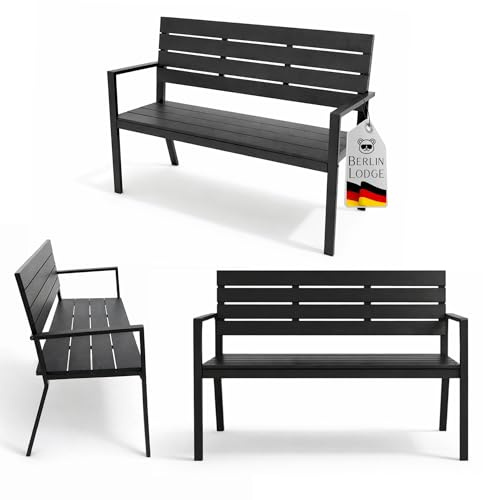 BERLINLODGE Gartenbank MALLORCA in Holzoptik, Kunststoff & Metall 3-Sitzer wetterfest, rustikal & massiv, 77 x 128 x 44 cm Schwarz Balkonbank Wintergarten Gartenmöbel Sitzbank Garten Balkon & Terrasse