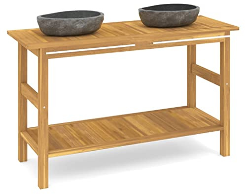 GeenYuu Mueble de baño de madera maciza de teca con 2 lavabos de piedra de río, mueble de baño con espacio de almacenamiento, toallero, diseño estable y aspecto natural para baño y aseo de invitados