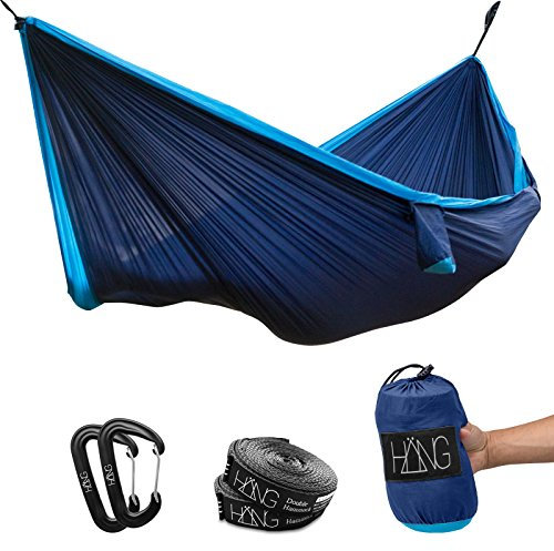 HÄNG® Camping Hängematte Outdoor Nylon Fallschirmseide für 2 Personen - 300 x 170cm Mobile Ultra-leicht Atmungsaktiv Hammock - Bis 200kg inklusive Aufhängung für Reise, Strand, Garten - Navy/Blue