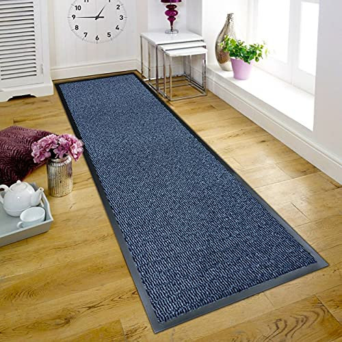 TrendMakers Large Big MIDNIGHT BLUE Heavy Duty Black PVC Edge Pile Top Rubber Barrier Entrance Door Kitchen Utility Dust Floor Hall Hallway Runners Mats Rugs 90cm x 150cm | POLYPROPYLENE PILE