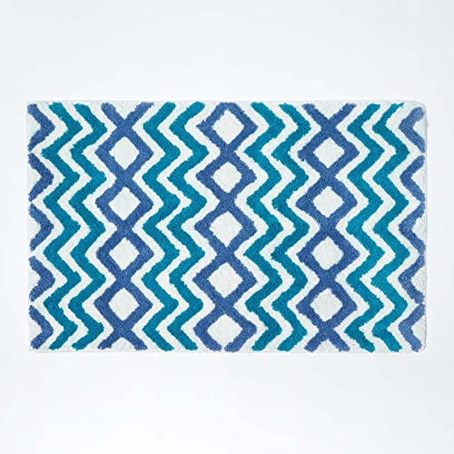 Homescapes Badematte rutschfest, waschbarer Badteppich aus 100% Baumwolle mit Latex Träger, bunter Badvorleger mit Chevron geometrischen Muster, großer Duschvorleger, 50 x 80 cm, blau und türkis