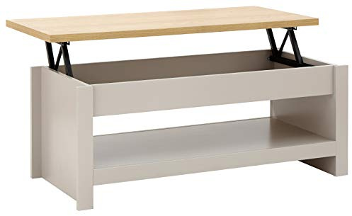 GFW Lancaster Lift Up Coffee Table, Grey and Oak Effect Coffee Table with Hidden Storage and Lower Shelf, Country Cottage Living Room Furniture