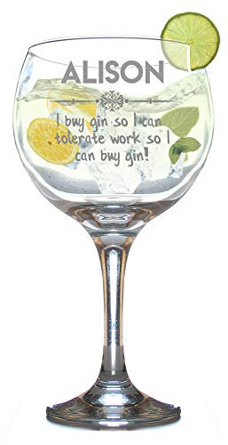 Personalised Gin and Tonic Glass Engraved Balloon Shaped G and T Novelty Juniper Copa Cocktail Stem Name Flower Line Gift Box 630 ml