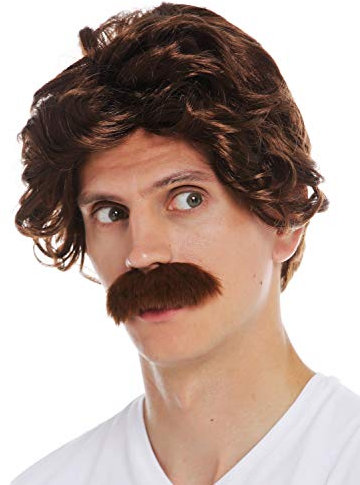 WIG ME UP - 7090-FR33A Perücke Karneval Halloween Herren Schnauzbart 70er Jahre Retro Bulle Polizist Opa Braun Rotbraun