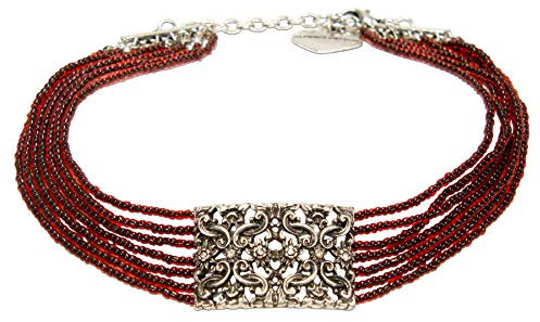 Alpenflüstern Trachten-Perlen-Kropfkette Edelweiß-Ornament - elegante Trachtenkette - nostalgischer Damen-Trachtenschmuck, filigrane Dirndlkette (rot) DHK255