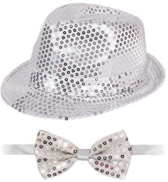 Alsino Glitzerhut mit Party Fliege in Silber Karneval Party Set Pailletten Trilby Hut Bowtie Fasching