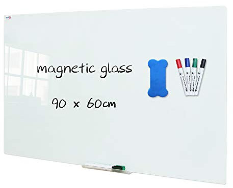 XIWODE Basics Tableau en verre effaçable à sec,Tableau Blanc Magnétique en Verre Effaçable à Sec 90 x 60 cm,Tableau Magnétique sans Cadre, Verre Trempé, pour Bureau École Restaurant Domicile