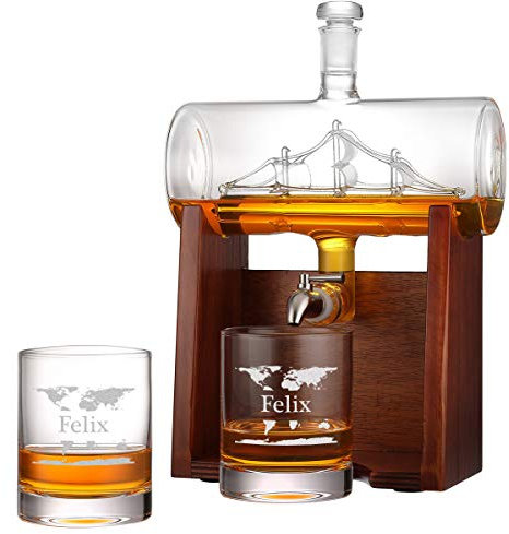 Whisky-Dekanter mit 2 Whiskygläser 320ml, hochwertiges Geschenk-Set für Männer, 1000ml Dekanter bleifrei mit Edelstahlhahn und Holzständer, perfekt für Brandy Wein Cognac Rum Gin Scotch