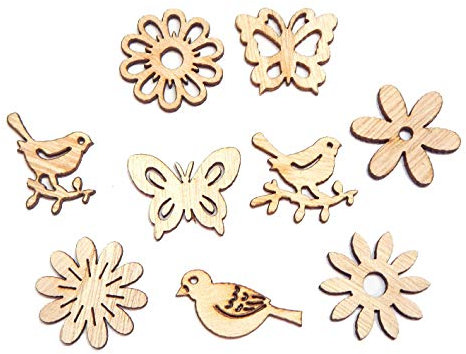 100stk Holz Wald Blumen Tiere Formen Pflanzen Scheiben Holzstücke Holzscheiben Holz Verzierung Charms Ornament Streudeko für Basteln DIY Handwerk Bemalen Färben