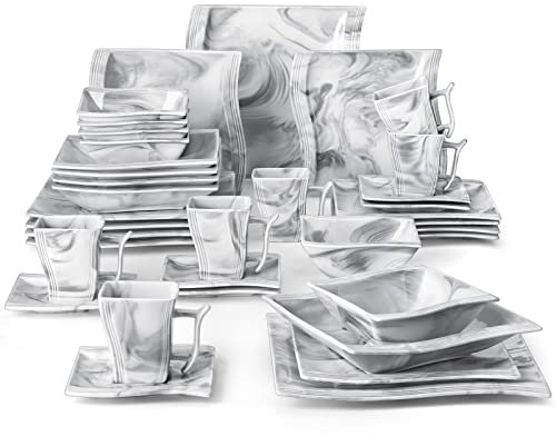 MALACASA Série FLORA, 36 Pcs Service de Table Porcelaine Marbre,Services Complets à Dinner, 6 Pcs * [Assiette Plat][Assiette Creuse][Assiette à Dessert][Tasse][Soucoupe] et [Bol à Céréale]