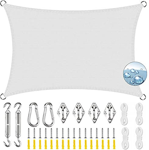 ERPENG Rechteck Sonnensegel Schattenspender 5.5x7m 95% UV Schutz wetterfest Balkonverkleidung mit Seilen und Befestigungs Kit Hochwertigem Polyester für Balkon, Schwimmbad, Kleiner Garten, Weiß