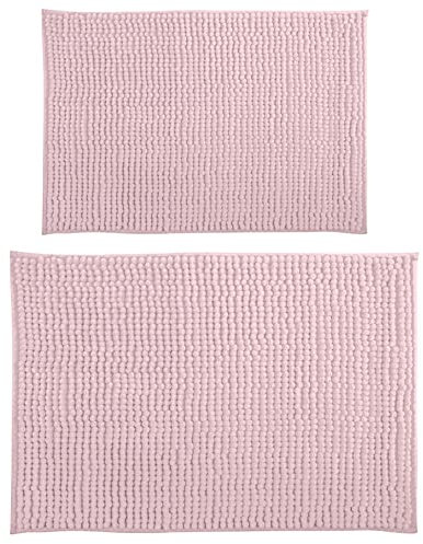 MSV Badteppich 2er Set Badvorleger Duschvorleger Chenille Hochflor Badematte 40x60 cm + 60 x 90 cm – Pastellrosa