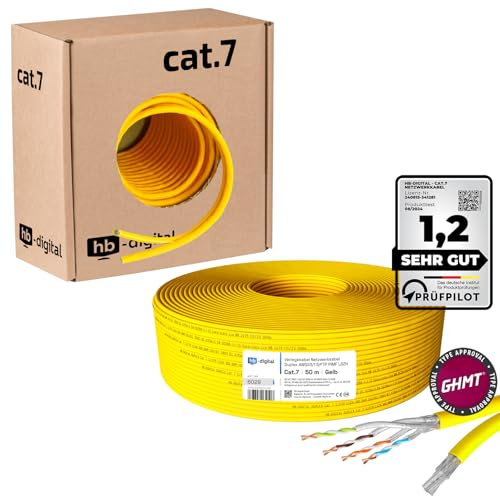 HB-DIGITAL 50m CAT 7 Netzwerkkabel LAN Kabel Verlegekabel Ethernet Installationskabel 10 Gbit/s AWG23 S/FTP - GHMT Zertifiziert - reines Kupfer LSZH BauPVO Klasse Cca Datenkabel Duplex - Gelb