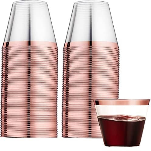 LATERN 60 Piezas Vasos de Plástico con Borde de Oro Rosa, 270ml Vasos de Plasticos Bebida Reutilizables Copas de Vino Elegantes para Fiestas para Champán Cerveza Cóctel Martini Soda (8,9 x 7,1cm)