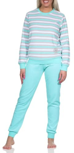 Normann Damen Frottee Schlafanzug lang, Pyjama in Ringel-Optik und Eiskristall-Motiv