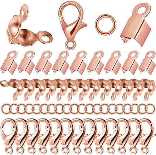 500Pcs DIY Jewelry Making Accessories Set, 150 Crimp Beads Knot Covers, 150 Clamshell Fold Over Cord Ends, 150 Open Jump Rings, 50 Lobster Claw Clasps for Pendants Bracelet Necklace Crafts(Rose Gold)