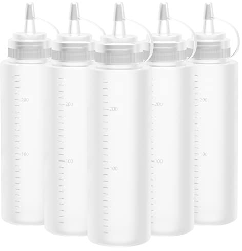 Gvolatee Bottiglia Squeeze di Plastica,5pcs 240ml 8oz Bottiglia per Squeeze con Tappi - a Prova di Perdite e Senza BPA, per Ketchup, Senape, Mayo, Salse piccanti, Olio d'oliva