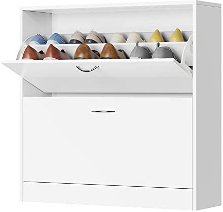 fevarbord Shoe Storage Cabinet White Shoe Cabinets Hallway Slim Wooden Shoe Cupboard with 2 Flip Doors 80x23.5x80cm