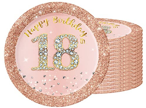 16 PCS Assiette Jetable 7 Pouces,Assiette Anniversaire Rose Gold,Decoration Anniversaire 18 Ans,Assiette Dessert Jetable pour Fêtes Joyeux Anniversaire Decoration,Kit Vaisselle Jetable Anniversaire
