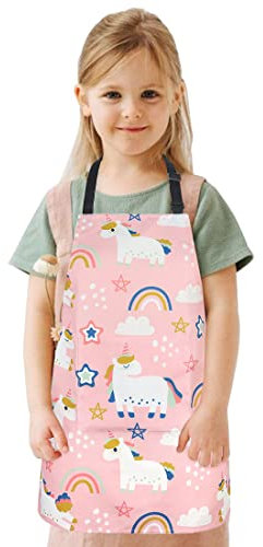 FUKPO Delantal Niña Niño Unicornio, Ajustable Delantales para Niños Infantiles Cocina Rosa con Bolsillos, Personalizado Delantal Infantil Cocinero Pintura Manualidades Chef Pintar Jardín(3/4/5 Años)