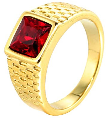 HIJONES Herren Edelstahl Rot Stein Ring Quadratisch Edelstein Pinky Finger Ringe mit Kristall Statement Schmuck Gold Größe 54