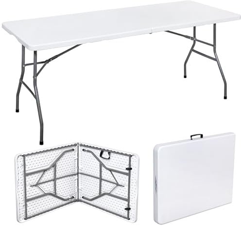 Vivo Technologies 6ft Trestle Table Indoor Outdoor Garden Catering Folding Tables with Handle Plastic Picnic Garden Foldable Portable Plastic Table for Picnic Party Dinner Camping Hiking White