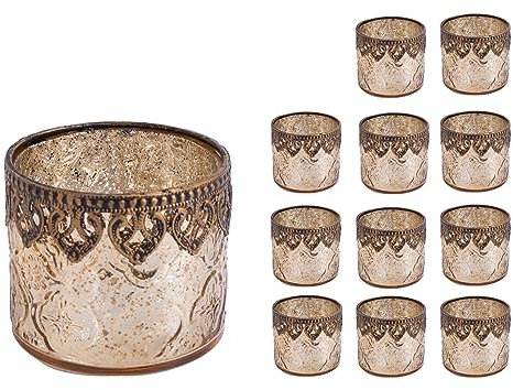 Jinfa 12er-Set orientalischer Teelichthalter aus Glas Windlichter Kerzengläser Teelichtgläser Geschenk | Zylindrische Form | Königliches Gold Ø 10cm x h 9cm
