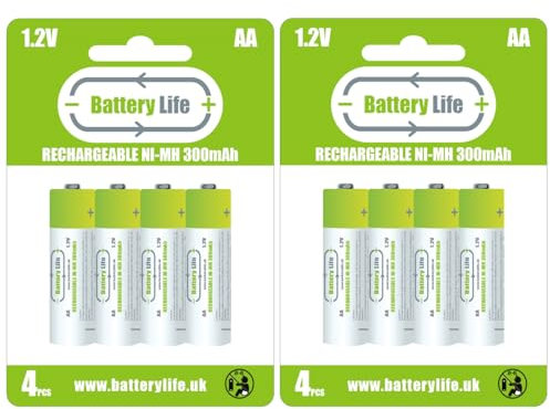 Battery Life AA Rechargeable Batteries (8 pack) 300mAh Ni-MH 1.2v Household UK Brand