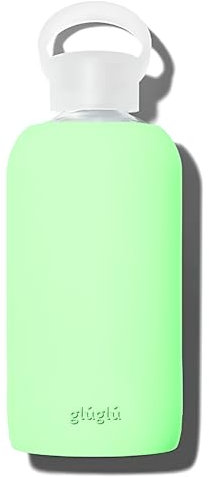 glúglú - Botella de agua de cristal 600ml reutilizable, sin BPA, con funda de silicona antideslizante - Ideal para deporte, gimnasio, yoga, senderismo y actividades al aire libre (Verde paraíso)