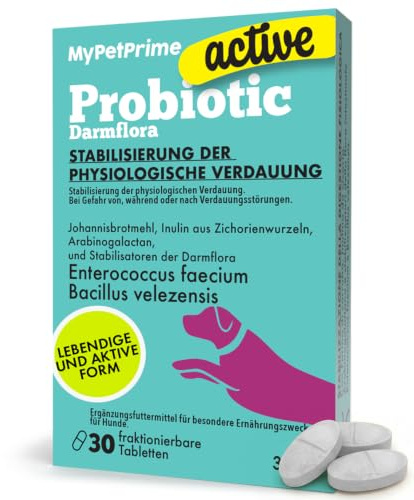 MyPetPrime Fermenti Lattici Cane ACTIVE 30 Cpr Probiotici Digestivi | 6,5 Miliardi di Probiotici e Prebiotici con Inulina - Equilibrio Intestinale e Digestione, Ripristino della Flora Batterica