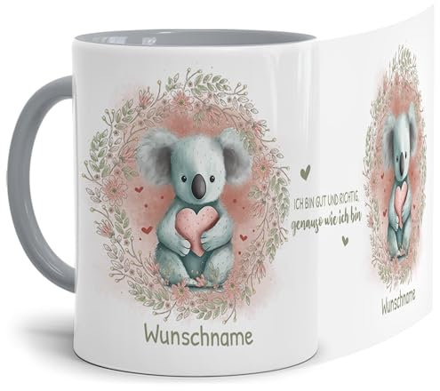 Tassendruck Personalisierbare Tasse für Kinder - mit Name, 300 ml - Ich Bin gut, so wie ich Bin - Koala Tasse Achtsamkeit, personalisierte Geschenke zur Einschulung | Innen & Henkel Grau
