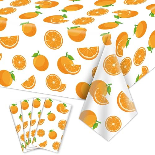 PTECDROTS 4Pcs Little Cutie Party Tablecloth, Orange Fruit Table Covers, Rectangular Orange Birthday Party Supplies for Kids Birthday Baby Shower Summer Fruit Party, 130 x 220cm