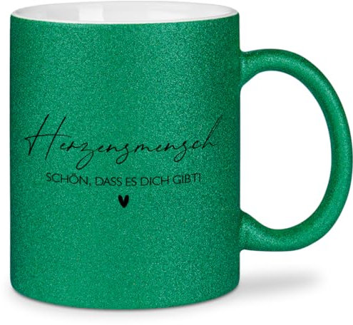 glitzertassen.de® | Herzensmensch - Schön, dass es dich gibt | Tasse mit Glitzer | Geschenkidee | Muttertag | Mama | Kaffeebecher | Keramik | 330 ml | Grün