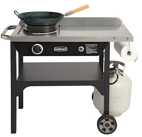 Cuisinart Station de wok d'extérieur, brûleur wok d'extérieur au propane de 50 000 BTU avec table de préparation, poêle à frire en acier au carbone de 35,6 cm, table d'appoint en acier inoxydable