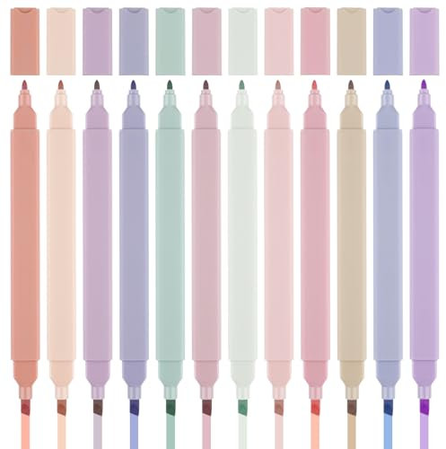 Svalor Dual Tips Textmarker 12 Stück, Highlighter Pen Doppelkopf 2-in-1, Ästhetische Textmarker Pastell Set Stifte Aesthetic, Keine Blutung, Trocknet Schnell - für Schulen Studenten Bürobedarf