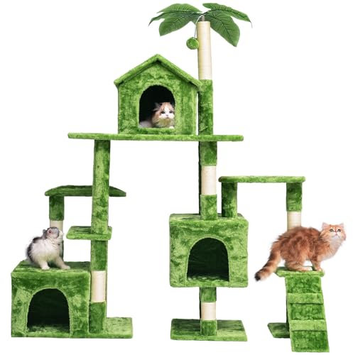 JISSBON Cat Tree Tower for Indoor Cats, Multi Level Cat Castle with Scratching Boards, Large Plush Perch & Cat Condo with Leaves for Kittens, Adult Cats, Green