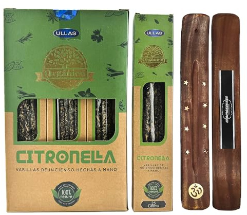 Aromasenses| Incenso di Citronella biologico Ullas Sahumerio | 100% naturale | Fatto a mano | 25 gr x 12 Pacchetti = Totale 300 gr | Rilassamento, Meditazione + 1 Bruciatore di incenso Aromasenses