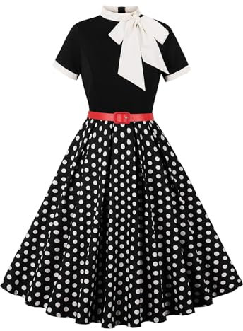 Odizli Rockabilly Kleider Damen 60er 50er Jahre Vintage Audrey Hepburn Kurzarm Krawatte Polka Dot Petticoat Swing Coctailkleid Hochzeit Festlich Knielang Sommerkleid Kurz Abendkleid Schwarz XL