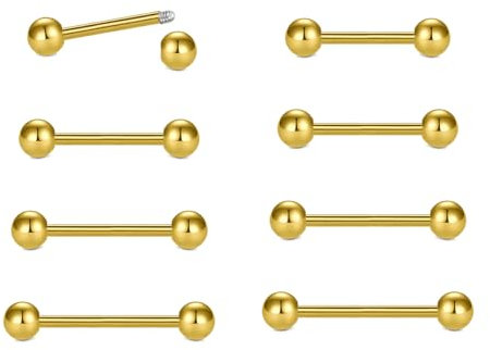 WillTen 8Pcs Zunge Bars Nippel Bars Zunge Bar Piercing, 14G Zunge Bars Metall Nippel Bars Chirurgenstahl, Nippel Piercing Schmuck Zunge Piercing-Schmuck für Frauen, Gold Nipple Bar