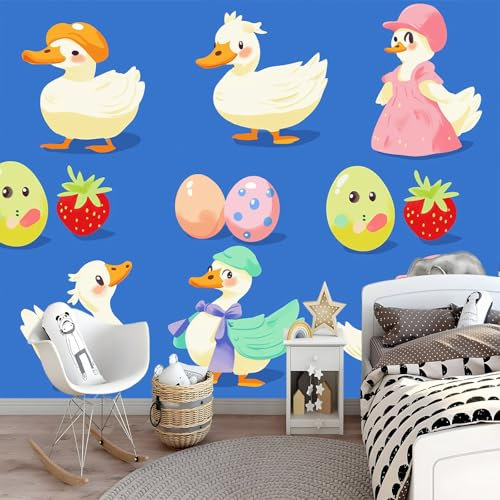 Générique Papier Peint Photo Murale Chambre Enfant 300 x 210 cm 3D Effet Canard de dessin animé Papier Peint Bleu Royal Douces pour Fille Papier Peint intissé