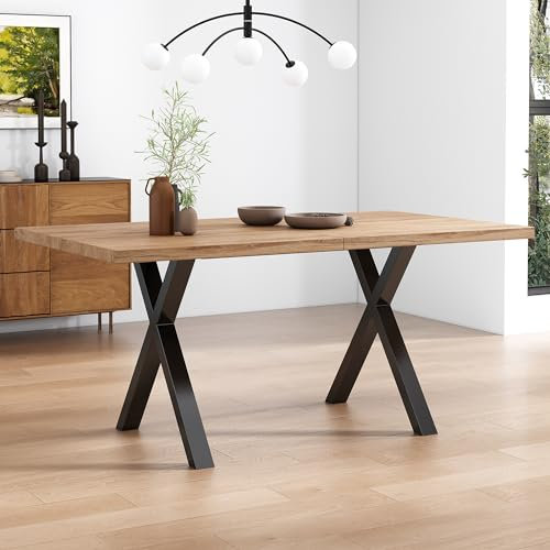 Merax Esstisch Mit Gekreuzten Beinen - Rechteckiger Couchtisch, Moderner Schmiedeeisen-Tisch, L140*B80*H76cm, Eiche+Schwarz