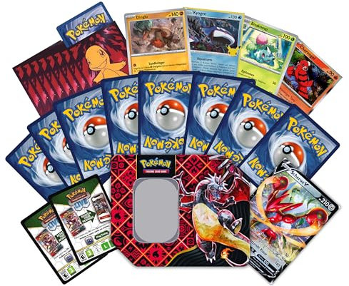 Pokemon MEGA Geschenk Paket | 1 große zufällige Tin Box mit 100 zufälligen Karten | 1 V Karte | 65 Hüllen | 10 Codes | 20 Holo Karten & Zubehör Heartforcards Versandschutz