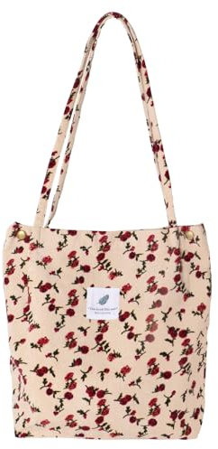 Groß Umhängetasche Damen Cord Ultraleicht Crossbody Tasche Schultertaschen Handtasche Canvas Tasche Shopper Bag Fashion Stofftasche für Alltag College Reisen Einkaufen（Weiße Blumen）