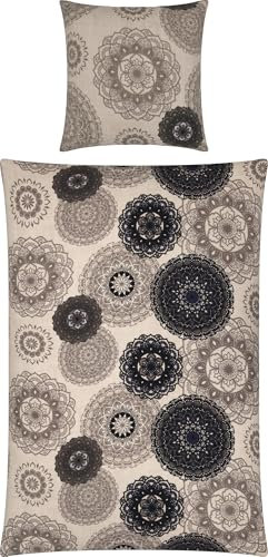 Erwin Müller Bettwäsche, Bettgarnitur Sparpaket 4-TLG. Flanell - Mandala - mollig warm, temperaturregulierend, mit praktischem Reißverschluss - beige Größe 80x80 cm / 155x200 cm