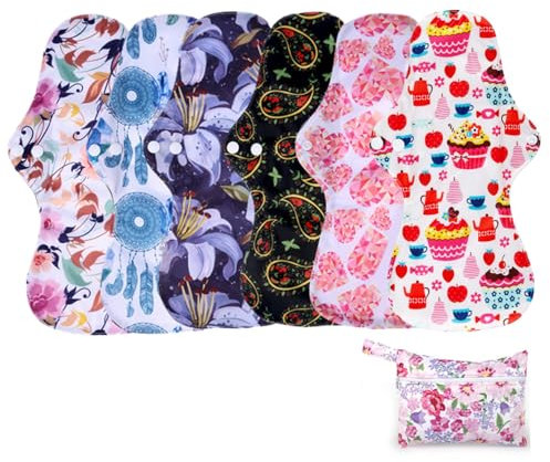 Wiederverwendbare Damenbinden, 6 Stück 13 Zoll große, waschbare, wiederverwendbare Periodenbinden mit Bambuskohletuch, wiederverwendbare Slipeinlagen für starke Blutungen, Badezimmerzubehör