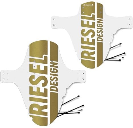 Riesel Design® Mudguard Set (1 x Schlamm:PE + Kol:OSS) - MTB Schutzblech inkl. Kabelbinder/Stylisches Fahrrad Schutzblech & modernes Mountainbike Schutzblech für Jede Fahrradgröße (White-Gold)