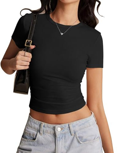 Risipu Women's Short Sleeve T-Shirts Crew Neck Slim Fit Tops Sexy Basic Tee Y2k Clothes 2025 (UK, Alpha, L, Regular, Regular, Black)