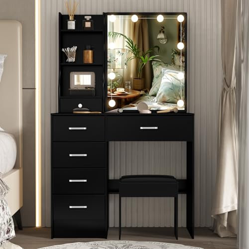 Saimeihome Schminktisch mit Beleuchtung und Hocker, Schwarze Frisiertisch mit Spiegel 3 Lichtfarbe Einstellbare Helligkeit, Kosmetiktisch 6 Schubladen 6 Ablagefächern für Schlafzimmer 80x36x130CM S29
