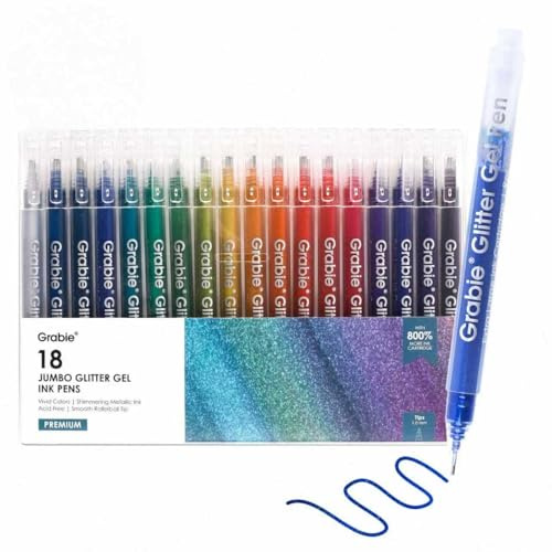 Grabie Jumbo Glitter Gel Ink Pen Set, 18 Metallic Vibrant Sparkle Gel Pens for Coloring, Sparkle Markers, Glitter Pens for Adults